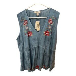 Vintage America Embroidered Sleeveless Tunic Top Blue Floral Boho Plus Size 2X